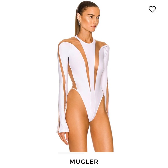 MUGLER for FWRD Sheer Tulle Bodysuit in White & Nude Size 38 - Picture 5 of 7